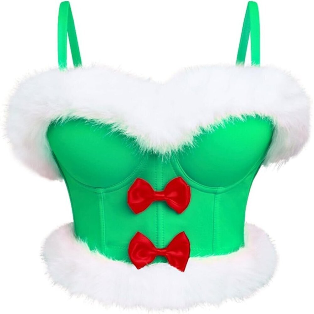 Women First Green Christmas Faux Fur Santa Corset Bow Bustier Crop Top